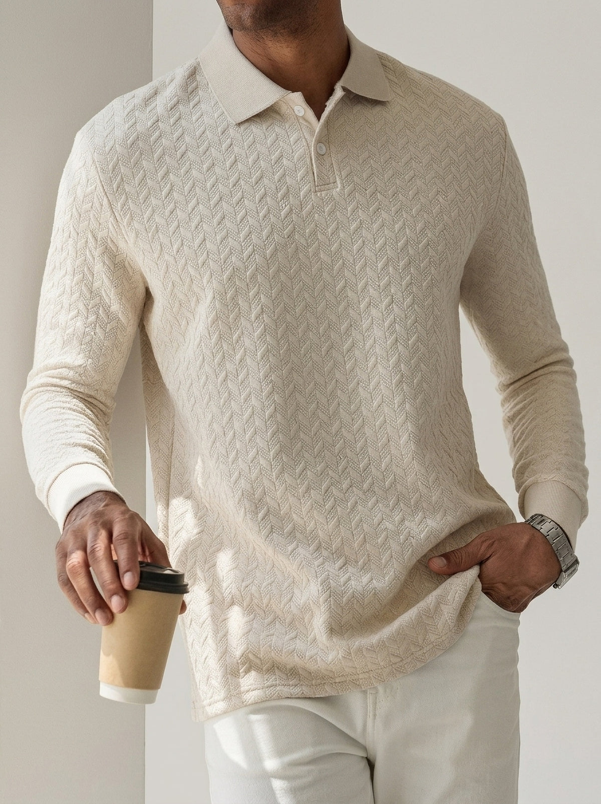 Bege-claro | Camisa polo texturizada manga longa Beaulieu bege-claro – foto de produto