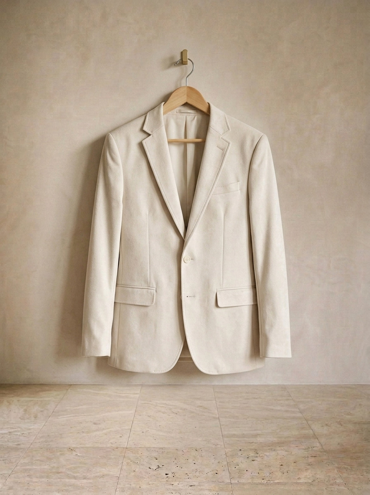Off-white | Blazer de camurça Biarritz off-white – peça sozinha, no cabide de madeira