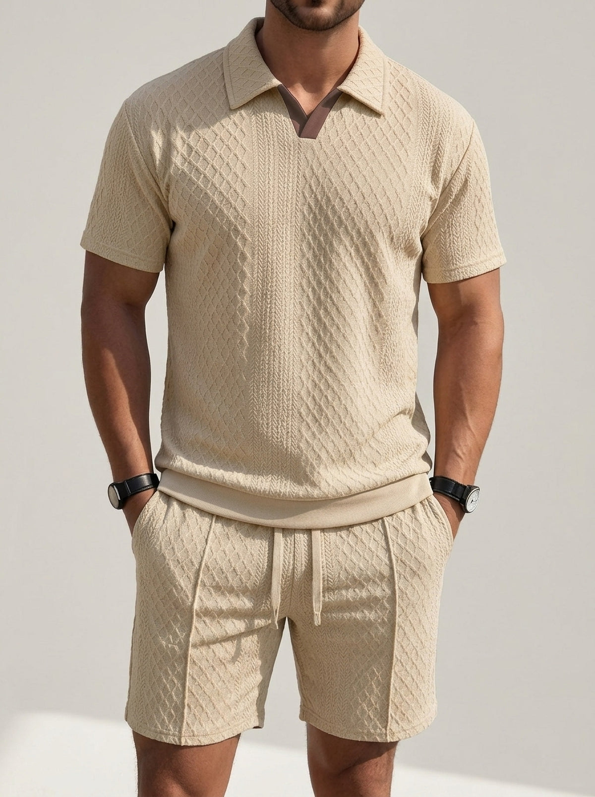 Cáqui | Conjunto polo de tricô e short Spetses cáqui – foto de produto