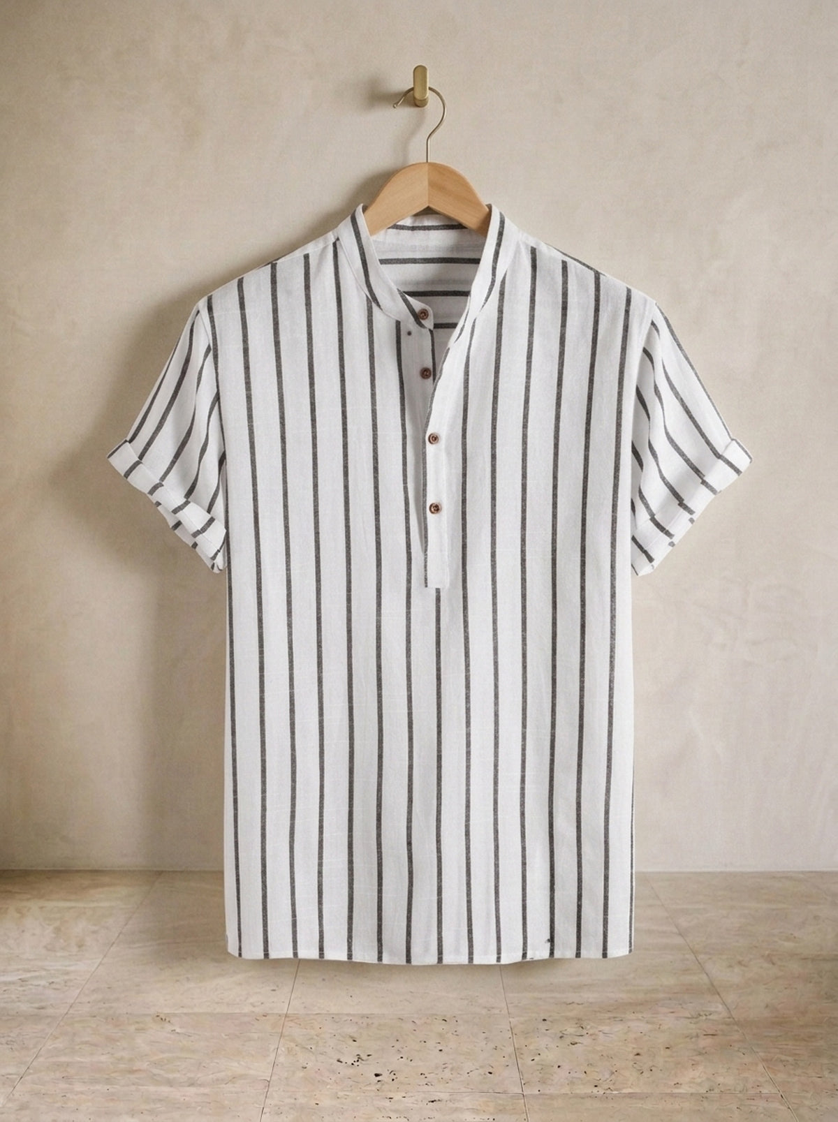 Branco | Camisa gola padre listrada Trondheim branco – peça sozinha, foto de produto