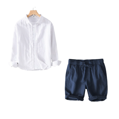 Kit Camisa Linho Premium Clássico Exclusivo + Short Linho Slim Elegante Sartong Plovdiv®