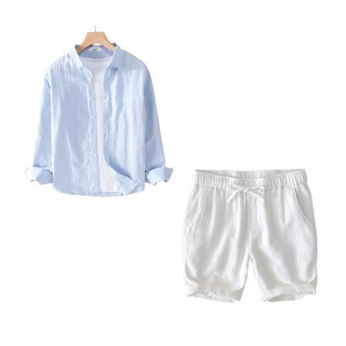 Kit Camisa Linho Premium Clássico Exclusivo + Short Linho Slim Elegante Sartong Plovdiv®
