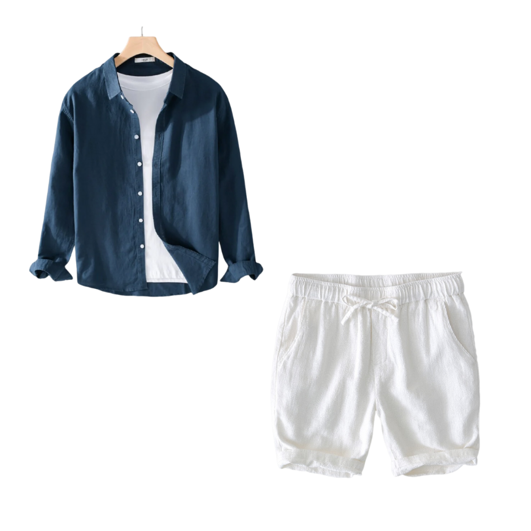 Kit Camisa Linho Premium Clássico Exclusivo + Short Linho Slim Elegante Sartong Plovdiv®