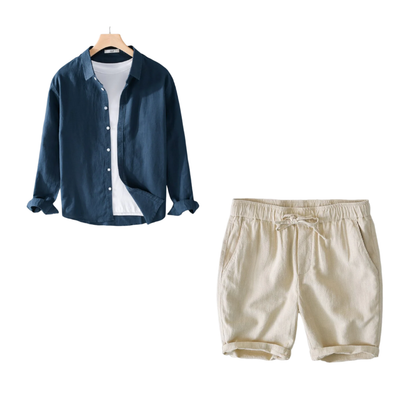 Kit Camisa Linho Premium Clássico Exclusivo + Short Linho Slim Elegante Sartong Plovdiv®