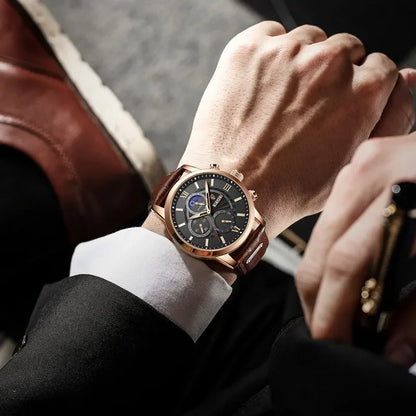 Relógio Masculino Luxo Atemporal com Pulseira de Couro Rachado de Alta Qualidade Sartong Cesenatico®