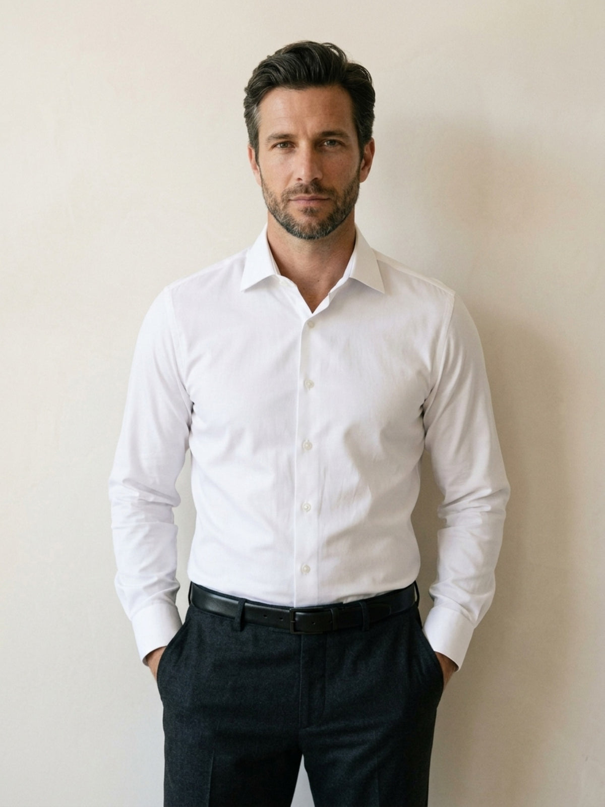 Branco | Camisa social impermeável Sartong 3x Shield branco – vista de frente, recorte próximo