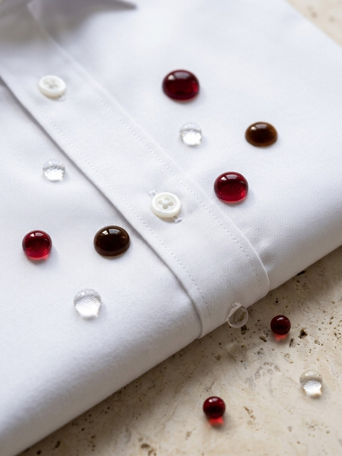 Branco | Camisa social impermeável Sartong 3x Shield branco – gotas de vinho, café e água sobre o tecido, sem penetrar