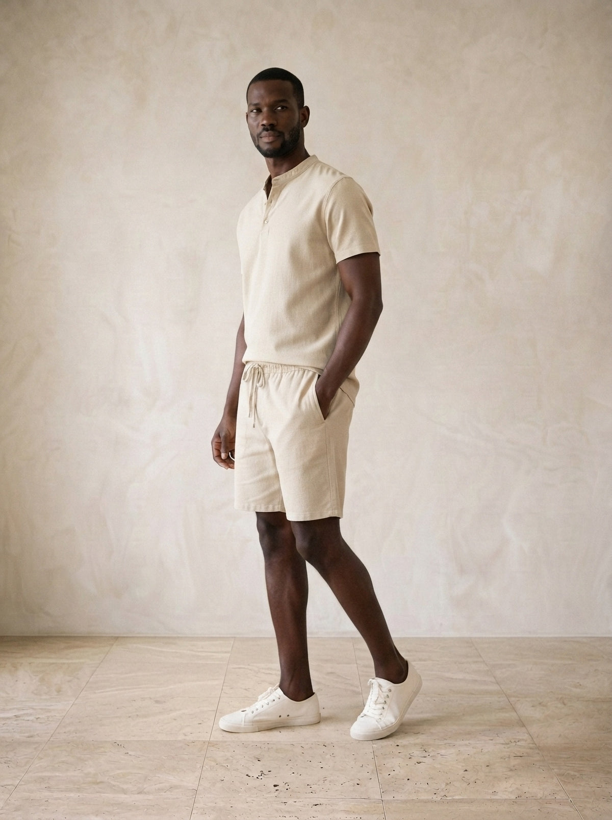 Caqui | Conjunto camisa e short Akureyri caqui – vista três quartos