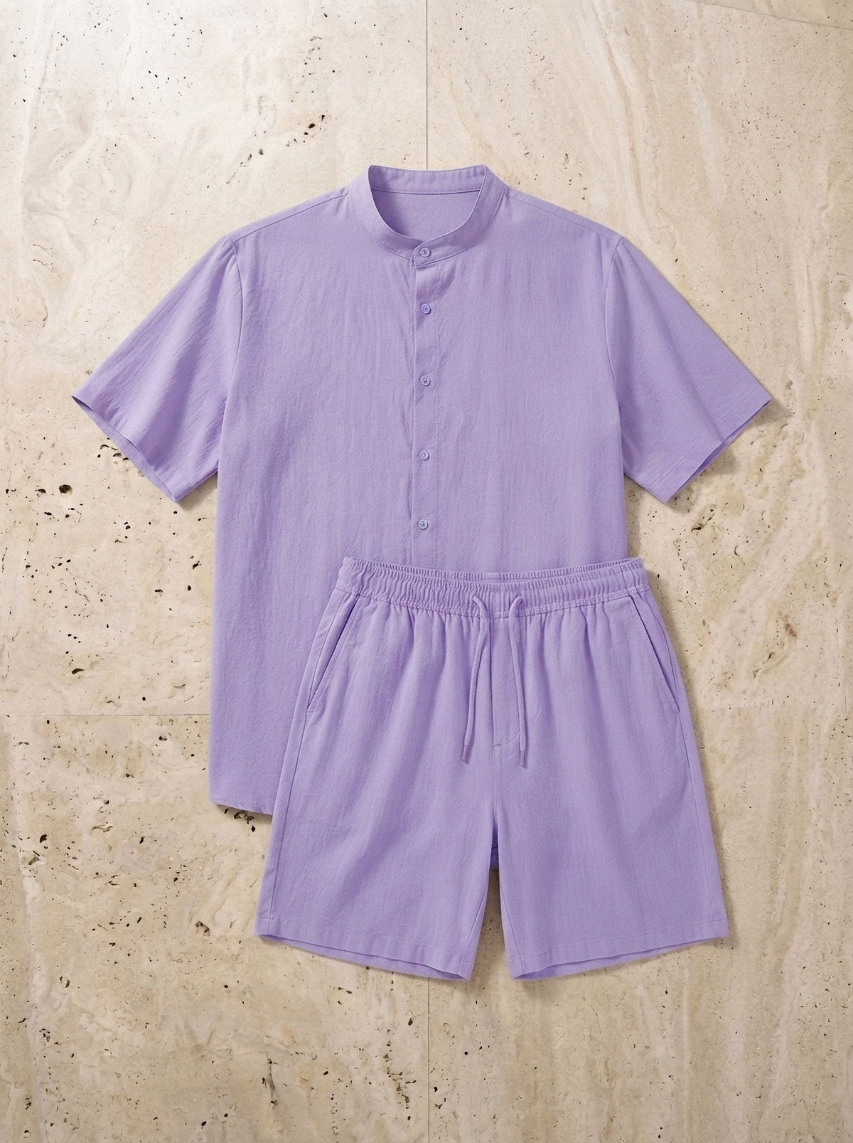 Roxo | Conjunto camisa e short Akureyri roxo – peças sozinhas vistas de cima