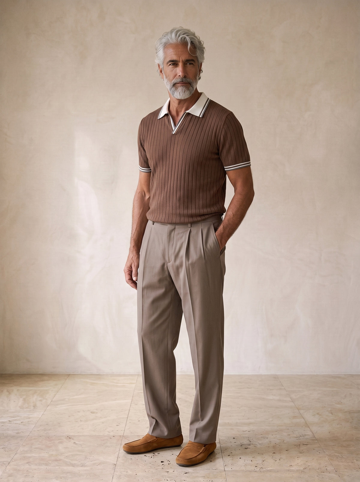 Café | Camisa polo canelada com debrum Alassio café – vista três quartos