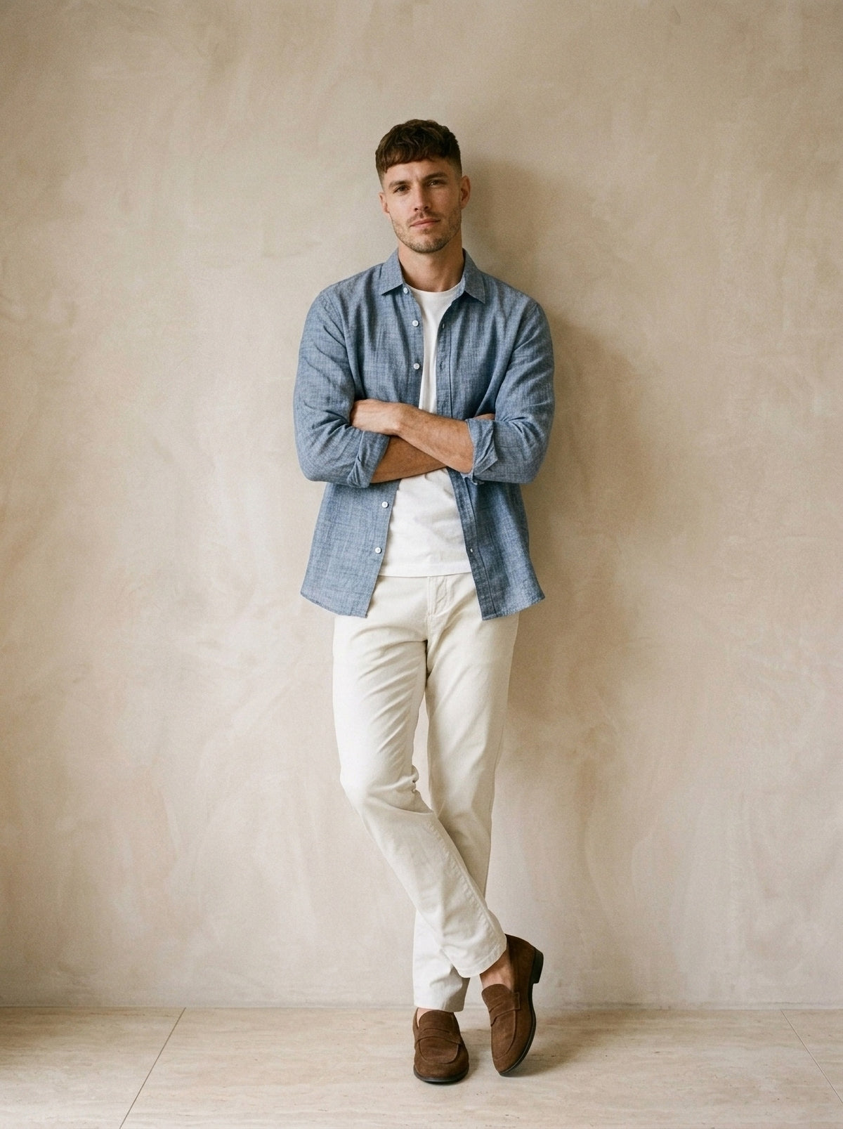 Azul | Camisa de linho Albarracín azul – modelo encostado na parede