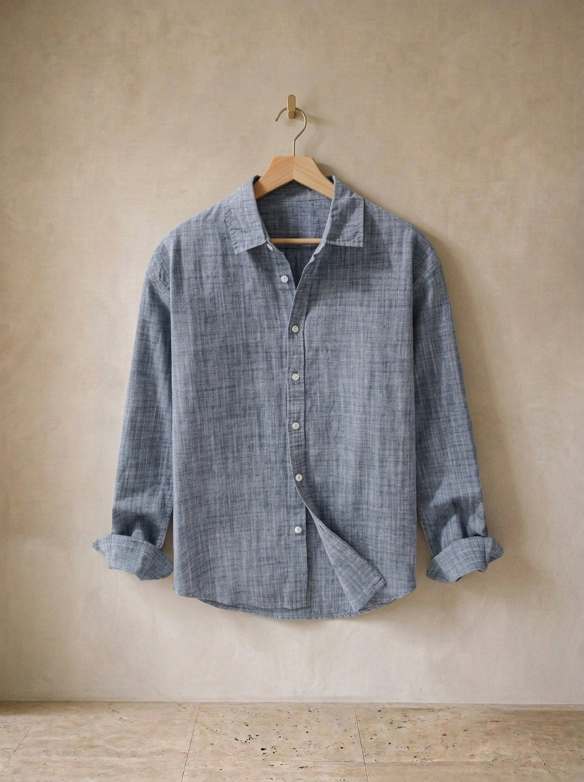 Azul | Camisa de linho Albarracín azul – peça sozinha, no cabide de madeira