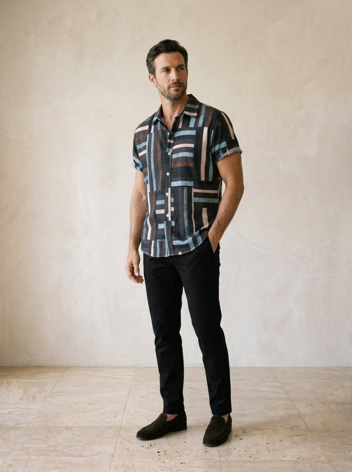 Azul | Camisa patchwork listrada Ålesund azul – vista três quartos