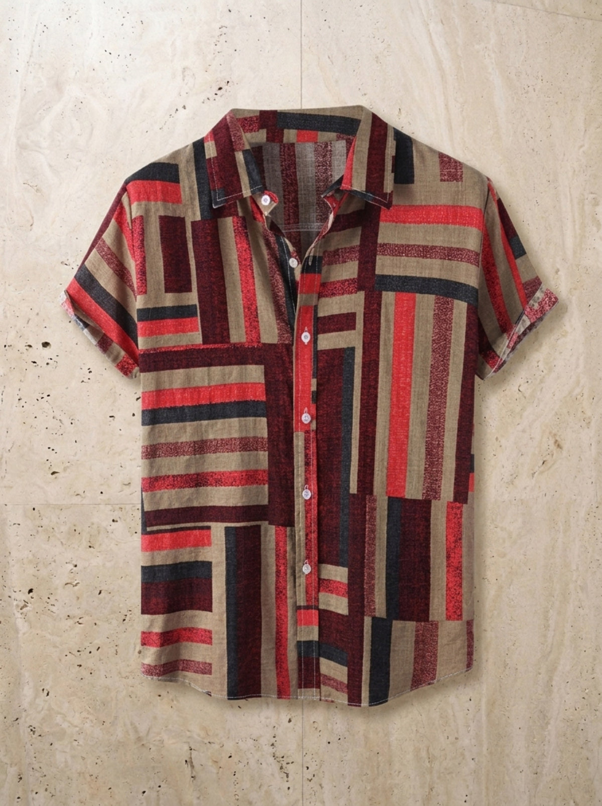 Vermelho | Camisa patchwork listrada Ålesund vermelho – peça sozinha vista de cima