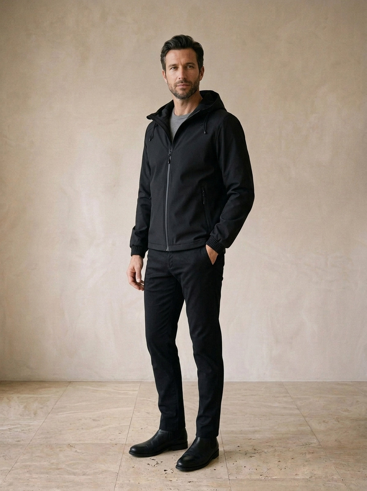 Preto | Jaqueta com capuz forrada de fleece Amersfoort preto – vista três quartos