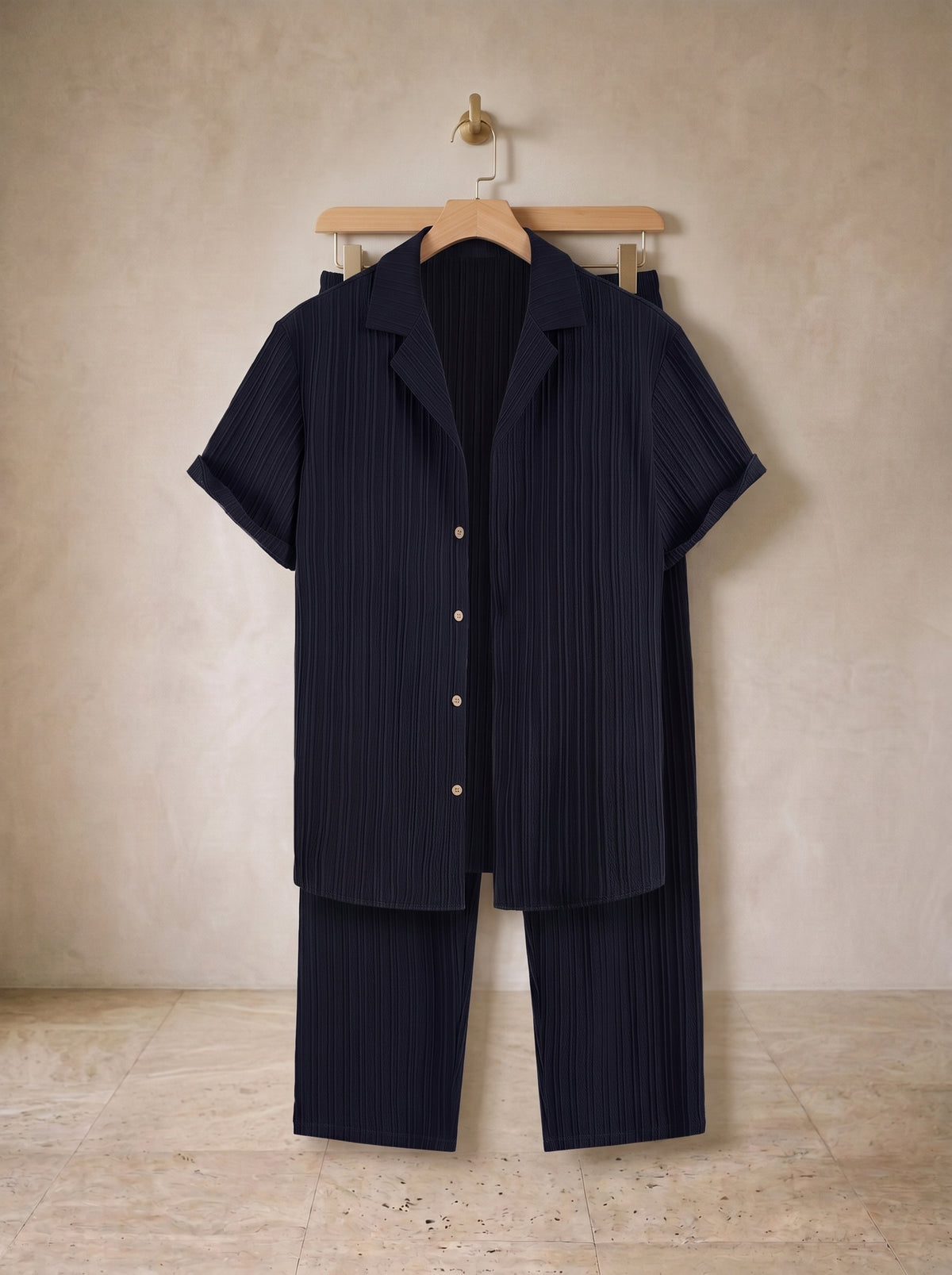 Azul-marinho | Conjunto camisa gola cubana e calça texturizada Amorgos azul-marinho – peça sozinha, foto de produto
