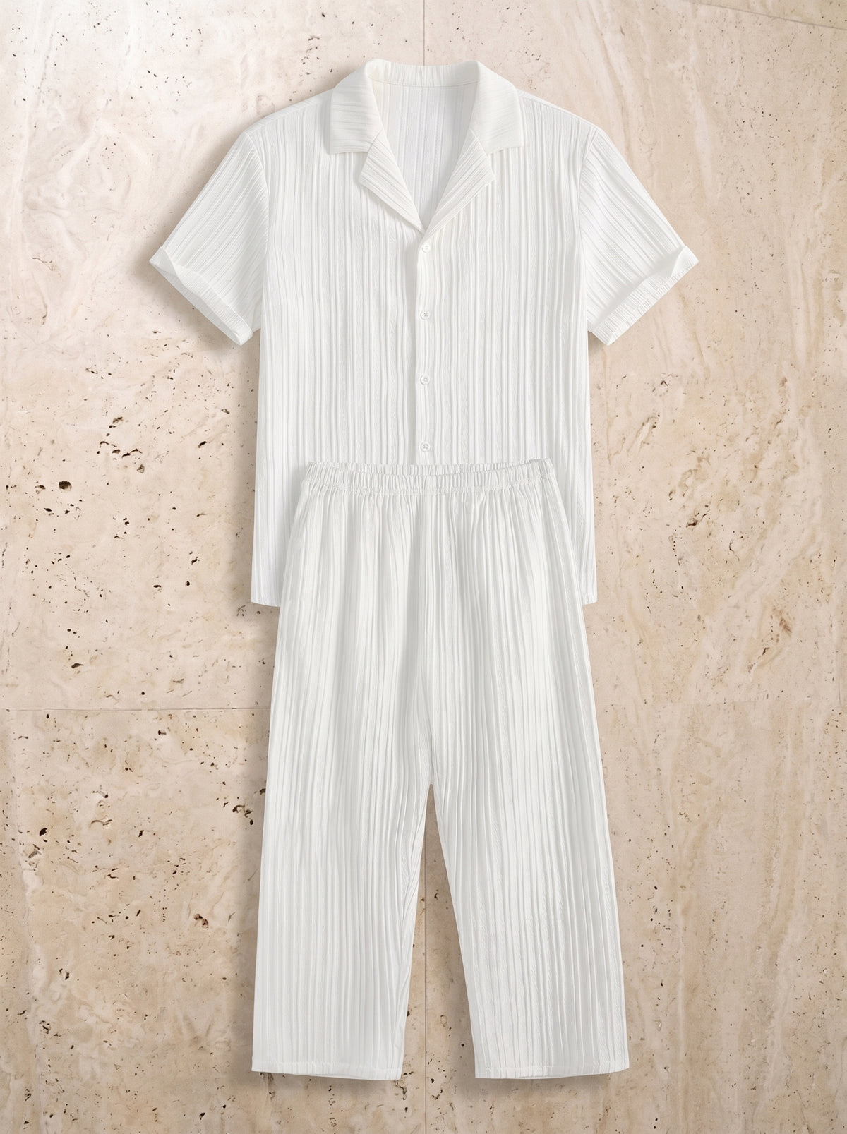 Branco | Conjunto camisa gola cubana e calça texturizada Amorgos branco – peça sozinha vista de cima