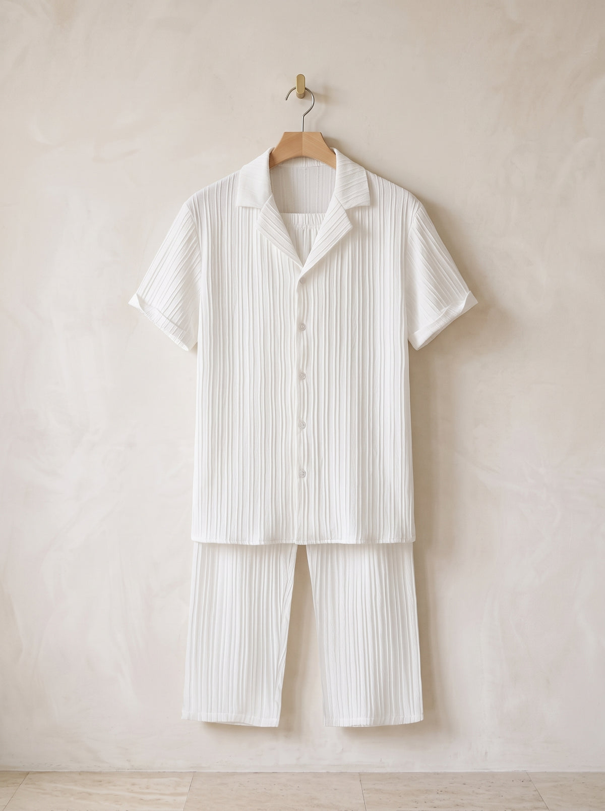 Branco | Conjunto camisa gola cubana e calça texturizada Amorgos branco – peça sozinha, foto de produto
