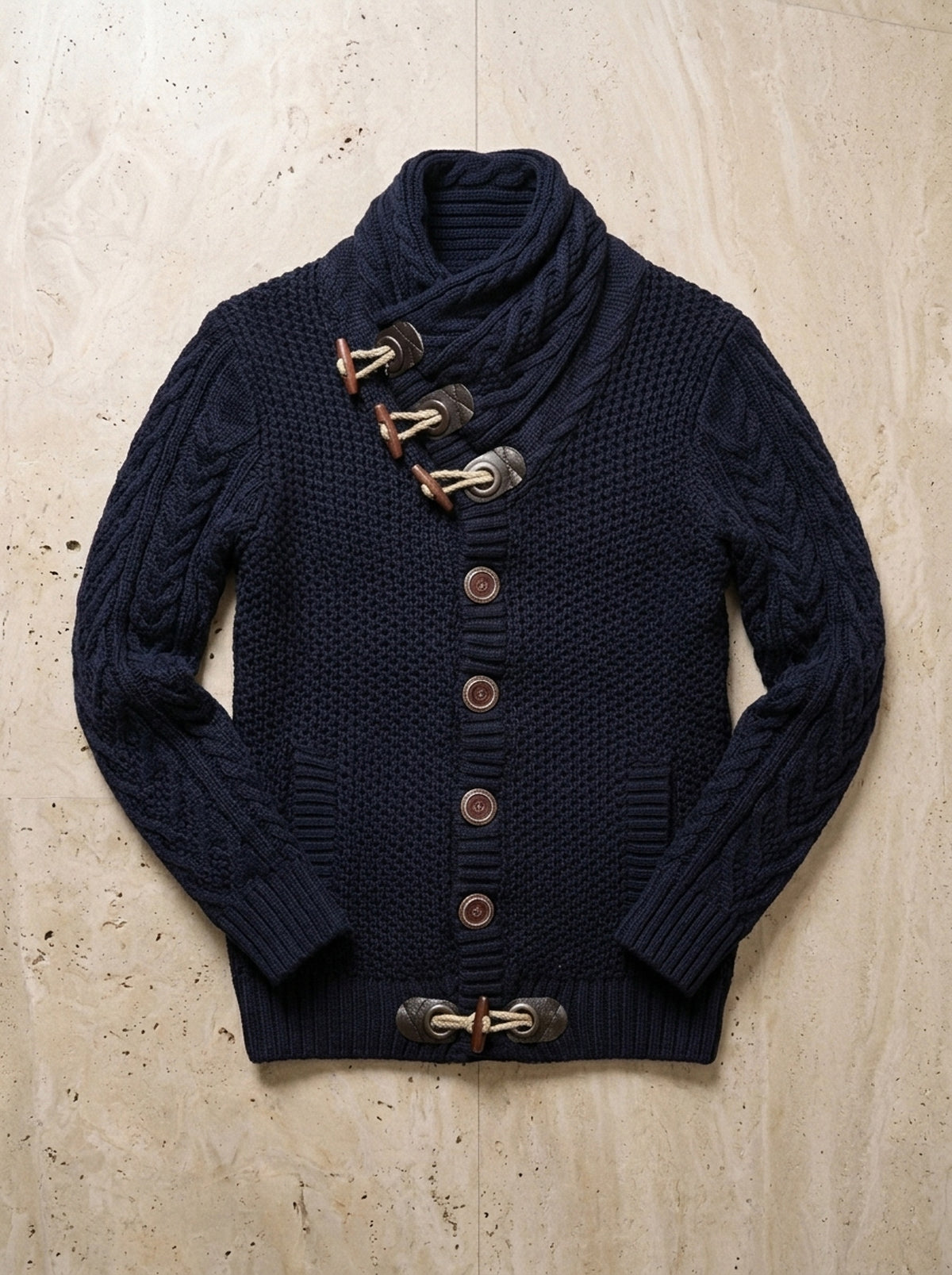 Azul-marinho | Cardigan de tricô gola xale Andermatt azul-marinho – peça sozinha vista de cima