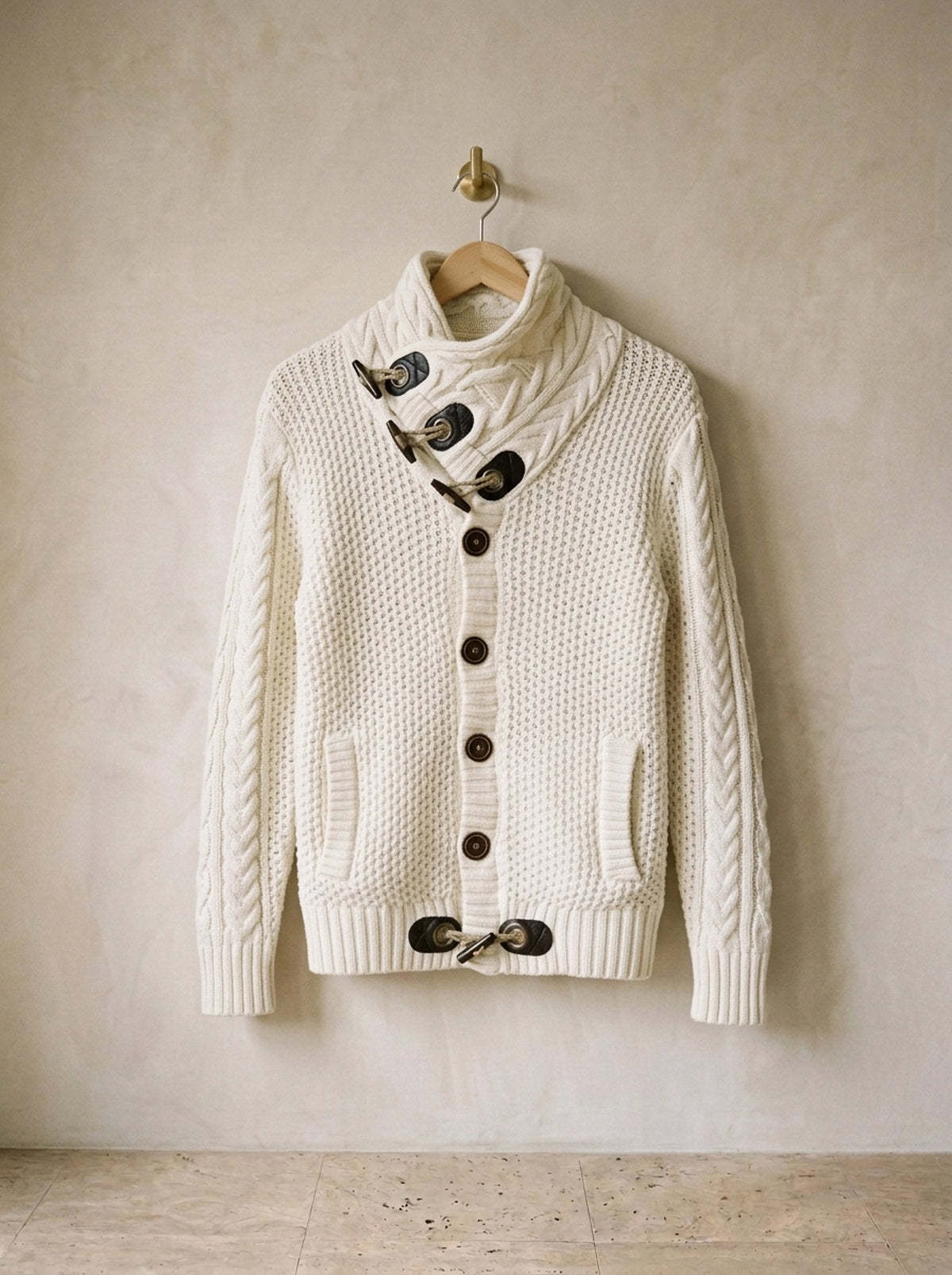 Branco | Cardigan de tricô gola xale Andermatt branco – peça sozinha, foto de produto