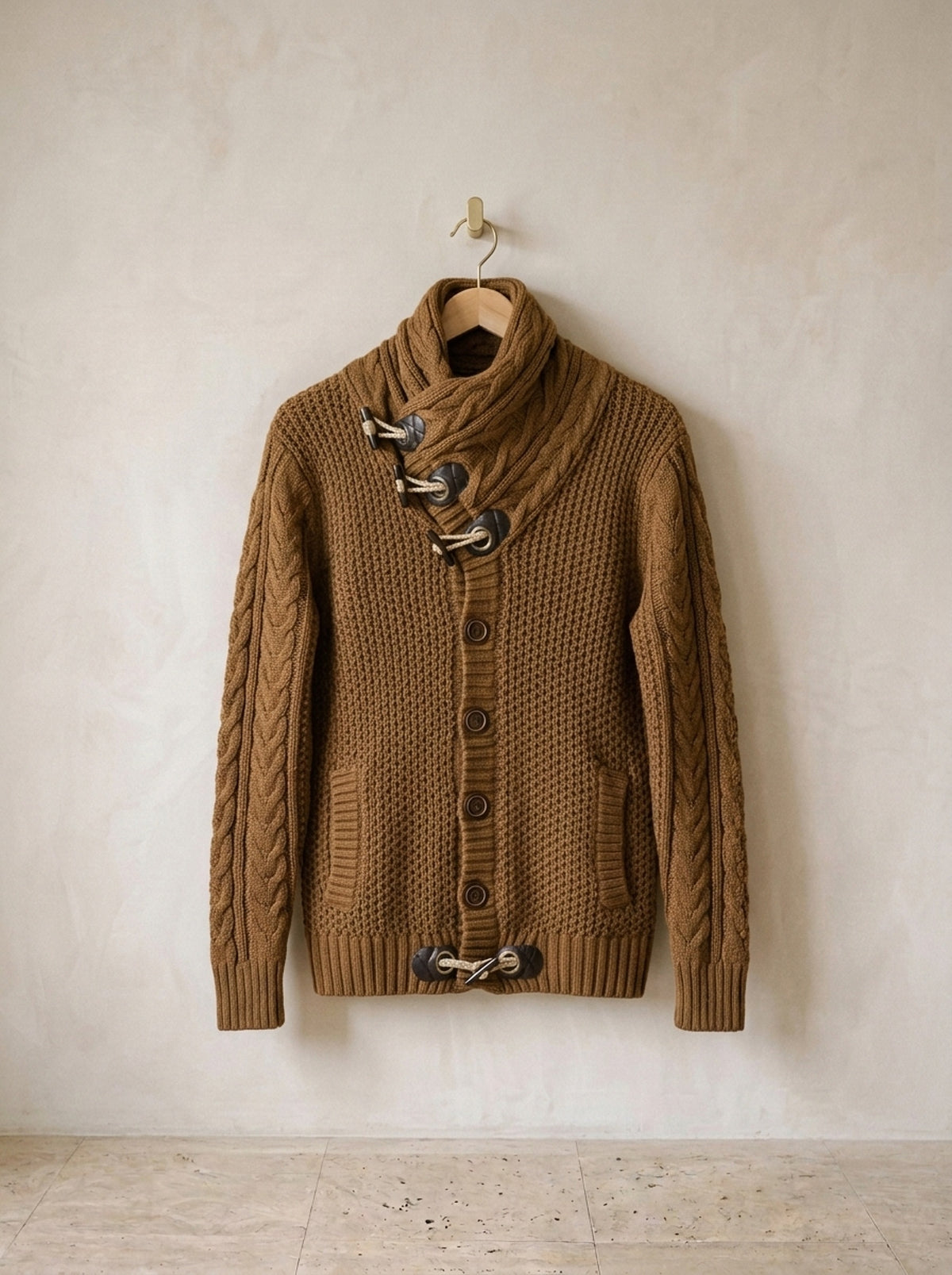 Café | Cardigan de tricô gola xale Andermatt café – peça sozinha, foto de produto