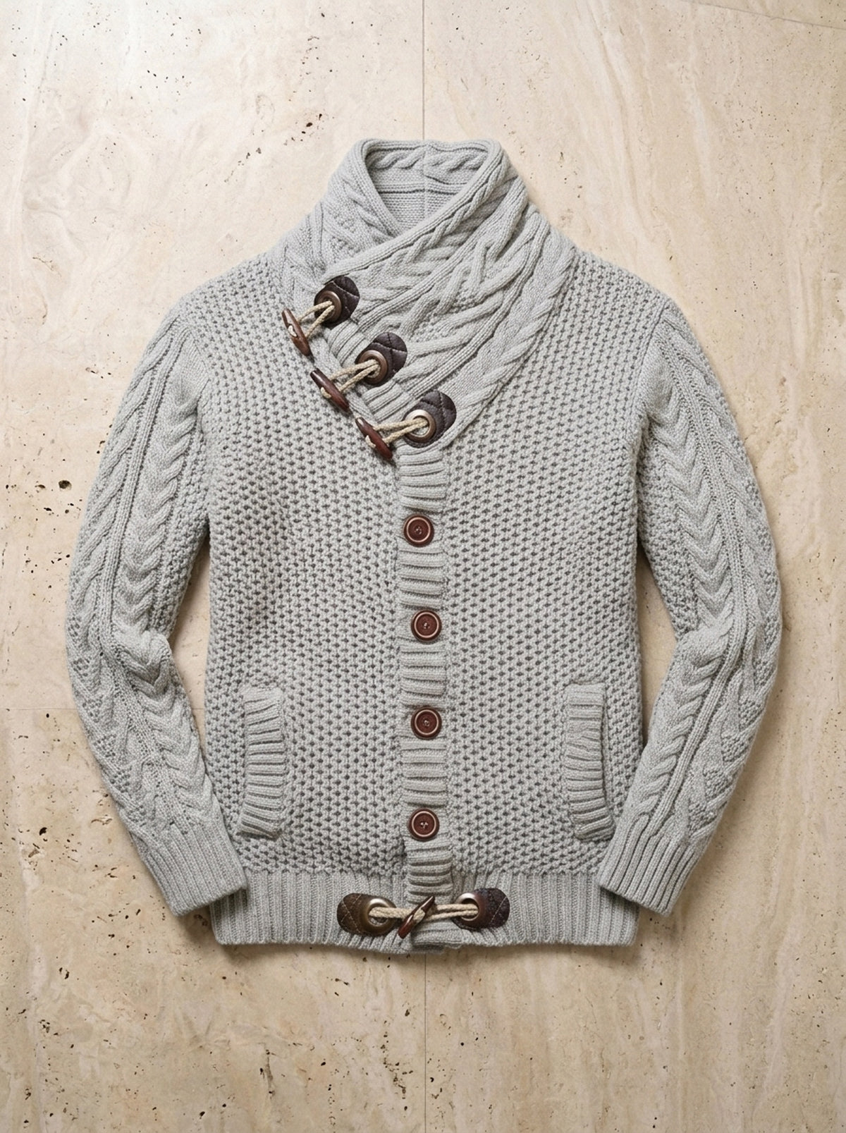 Cinza-claro | Cardigan de tricô gola xale Andermatt cinza-claro – peça sozinha vista de cima