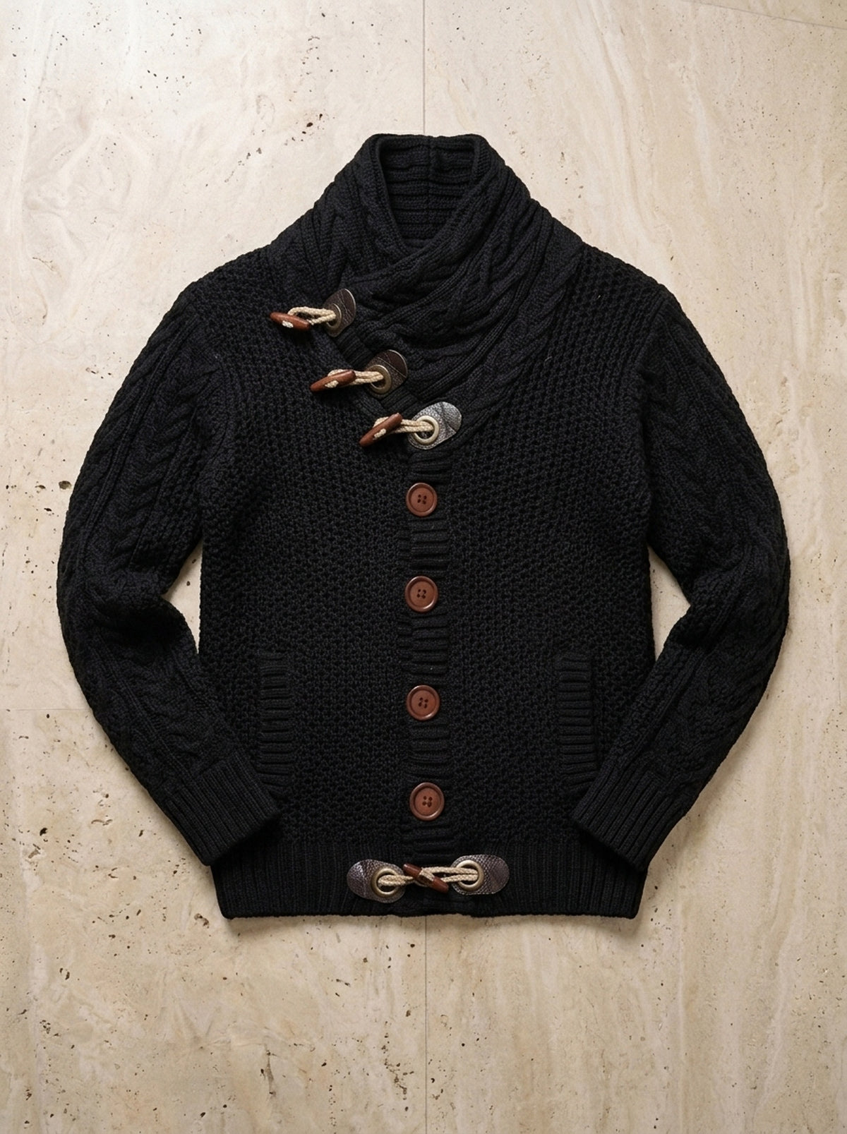 Preto | Cardigan de tricô gola xale Andermatt preto – peça sozinha vista de cima