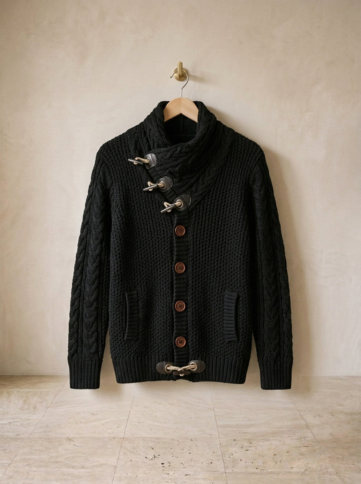 Preto | Cardigan de tricô gola xale Andermatt preto – peça sozinha, foto de produto