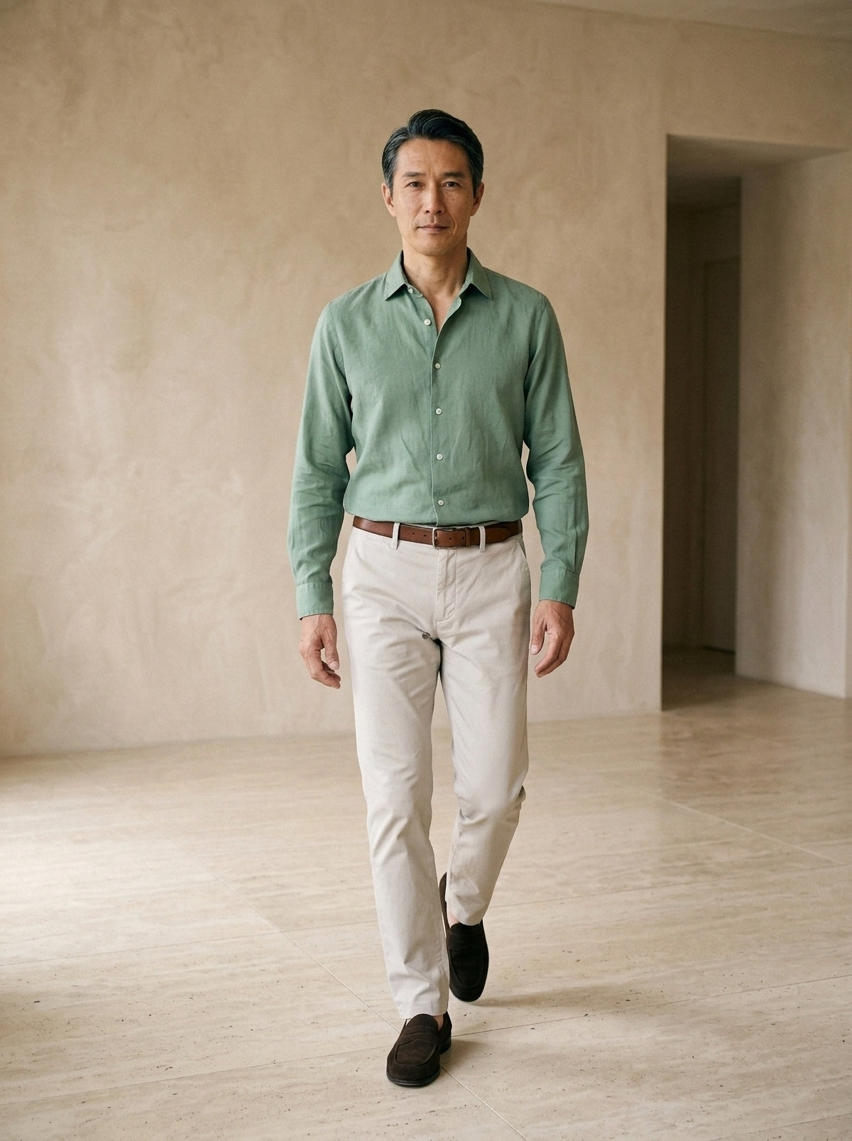 Verde | Camisa slim Annecy verde – corpo inteiro, modelo caminhando