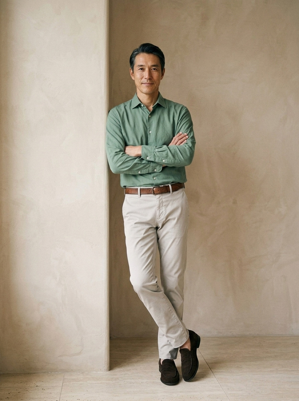Verde | Camisa slim Annecy verde – modelo encostado na parede