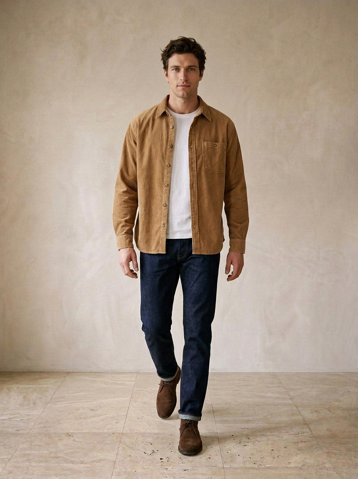Caramelo | Camisa de veludo manga longa Antibes caramelo – corpo inteiro, modelo caminhando