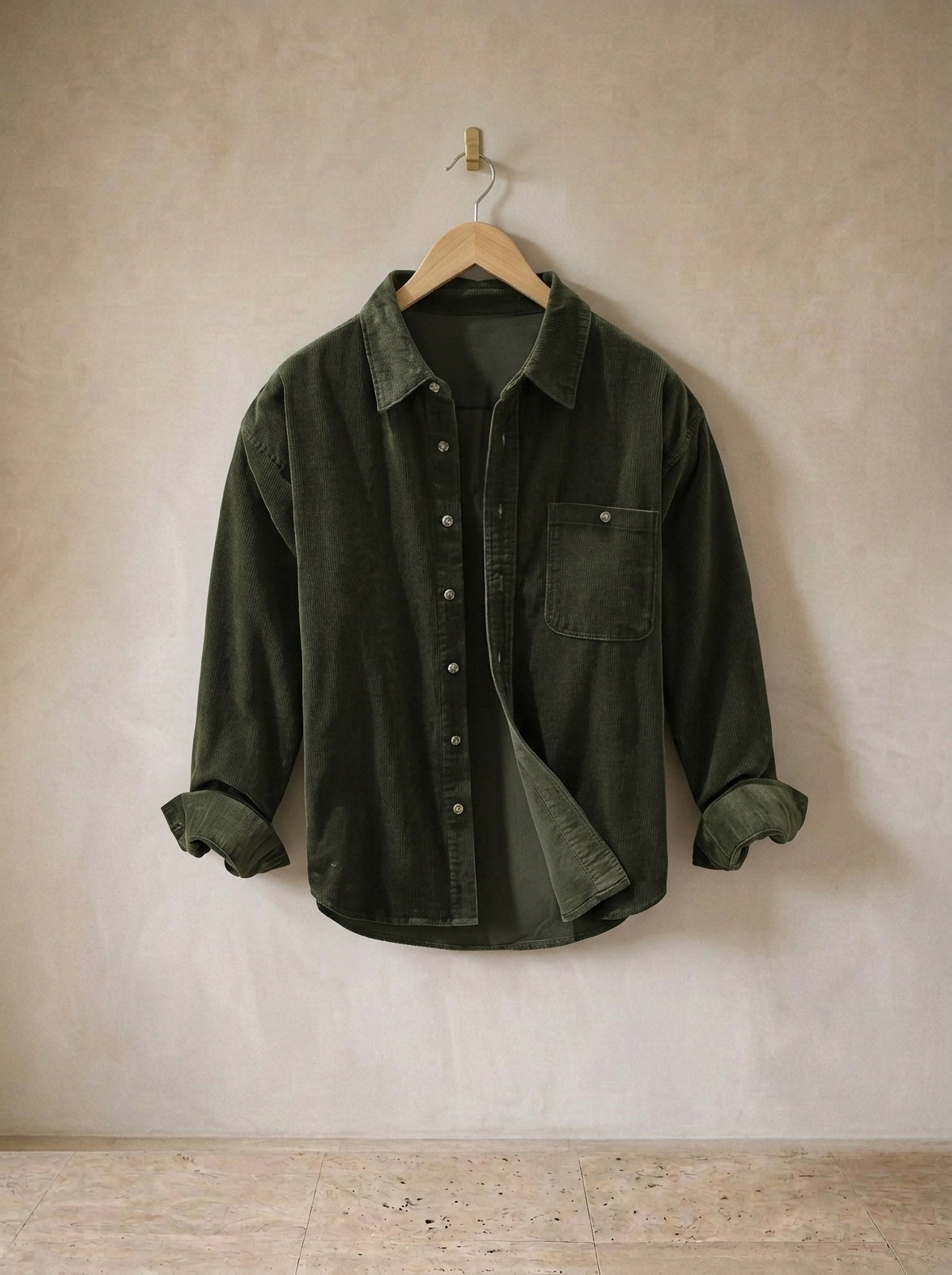 Verde | Camisa de veludo manga longa Antibes verde – peça sozinha, no cabide de madeira
