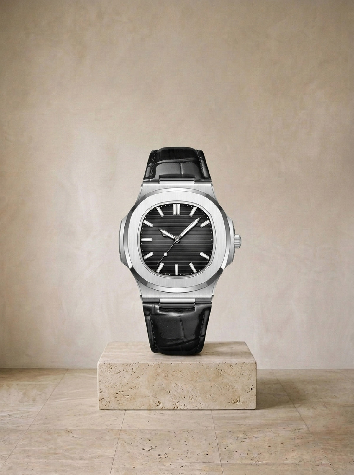 Prateado e preto | Relógio com pulseira de couro Ascoli prateado e preto – peça sozinha, foto de produto