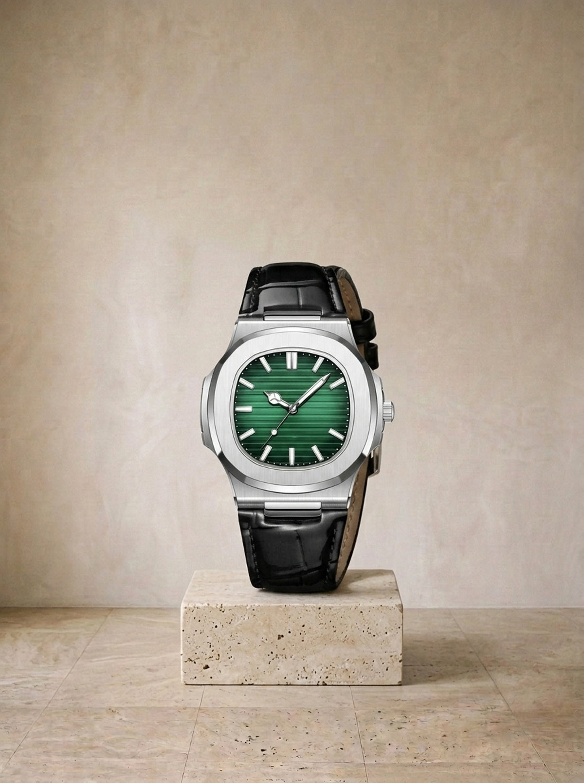 Prateado e verde | Relógio com pulseira de couro Ascoli prateado e verde – peça sozinha, foto de produto