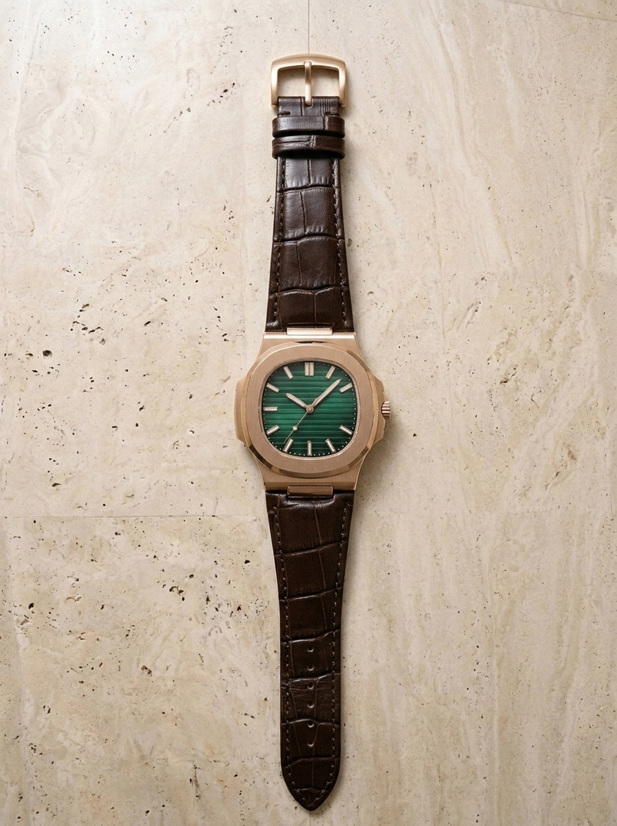 Rosé e verde | Relógio com pulseira de couro Ascoli rosé e verde – peça sozinha vista de cima