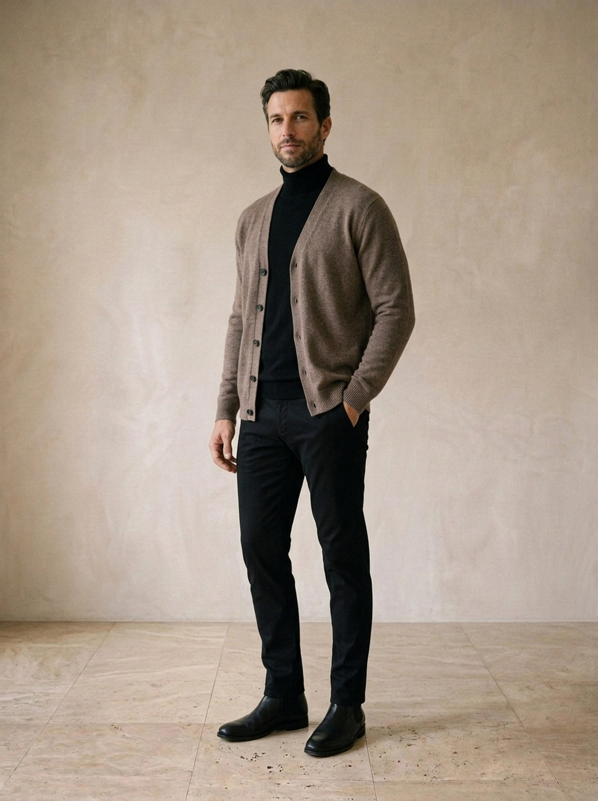 Café | Cardigan de tricô decote V Auch café – vista três quartos