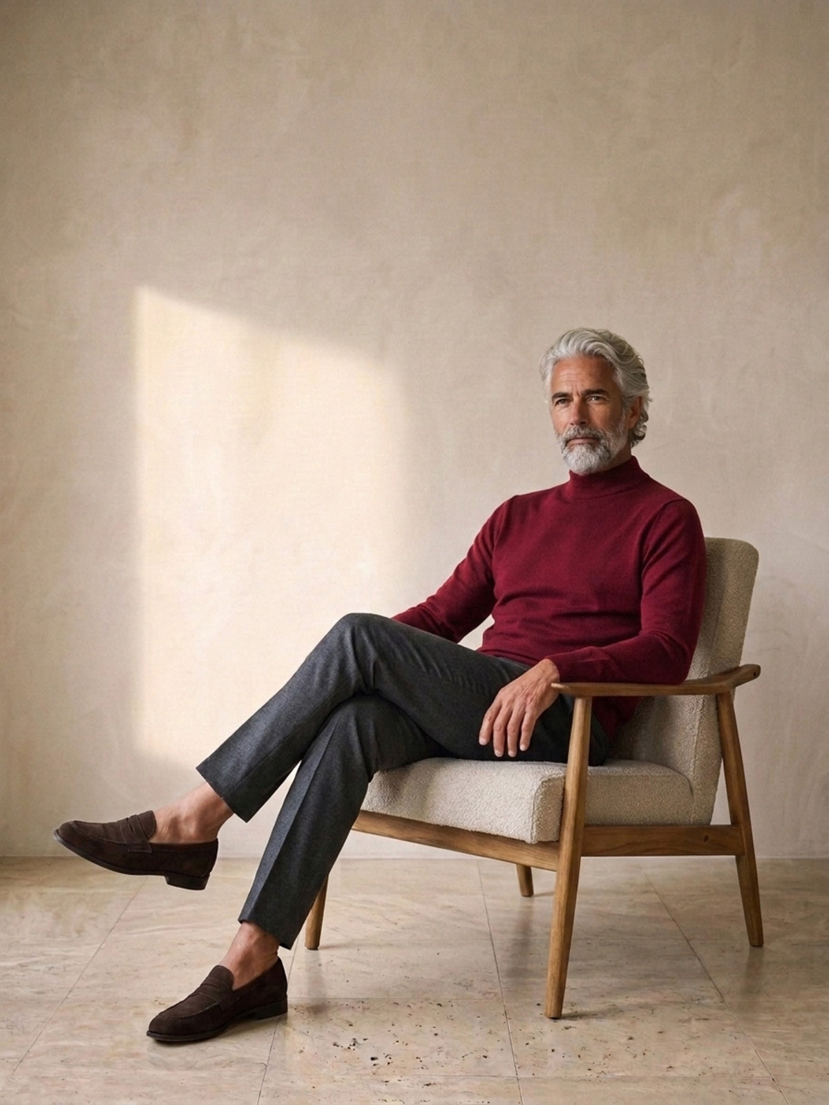 Vinho | Suéter de tricô gola alta Sartong Bad Ragaz vinho – look com o modelo sentado