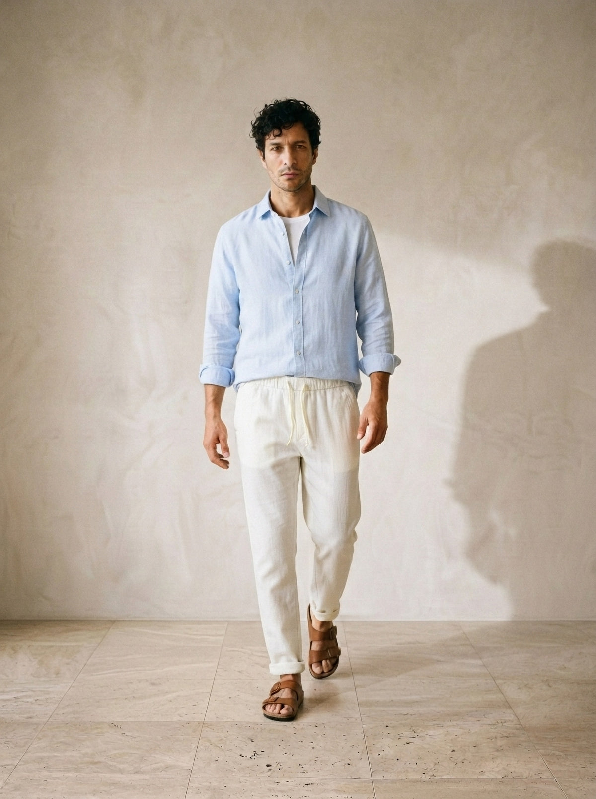 Camisa azul-claro, calça off-white | Conjunto camisa e calça de linho Balchik – corpo inteiro, modelo caminhando