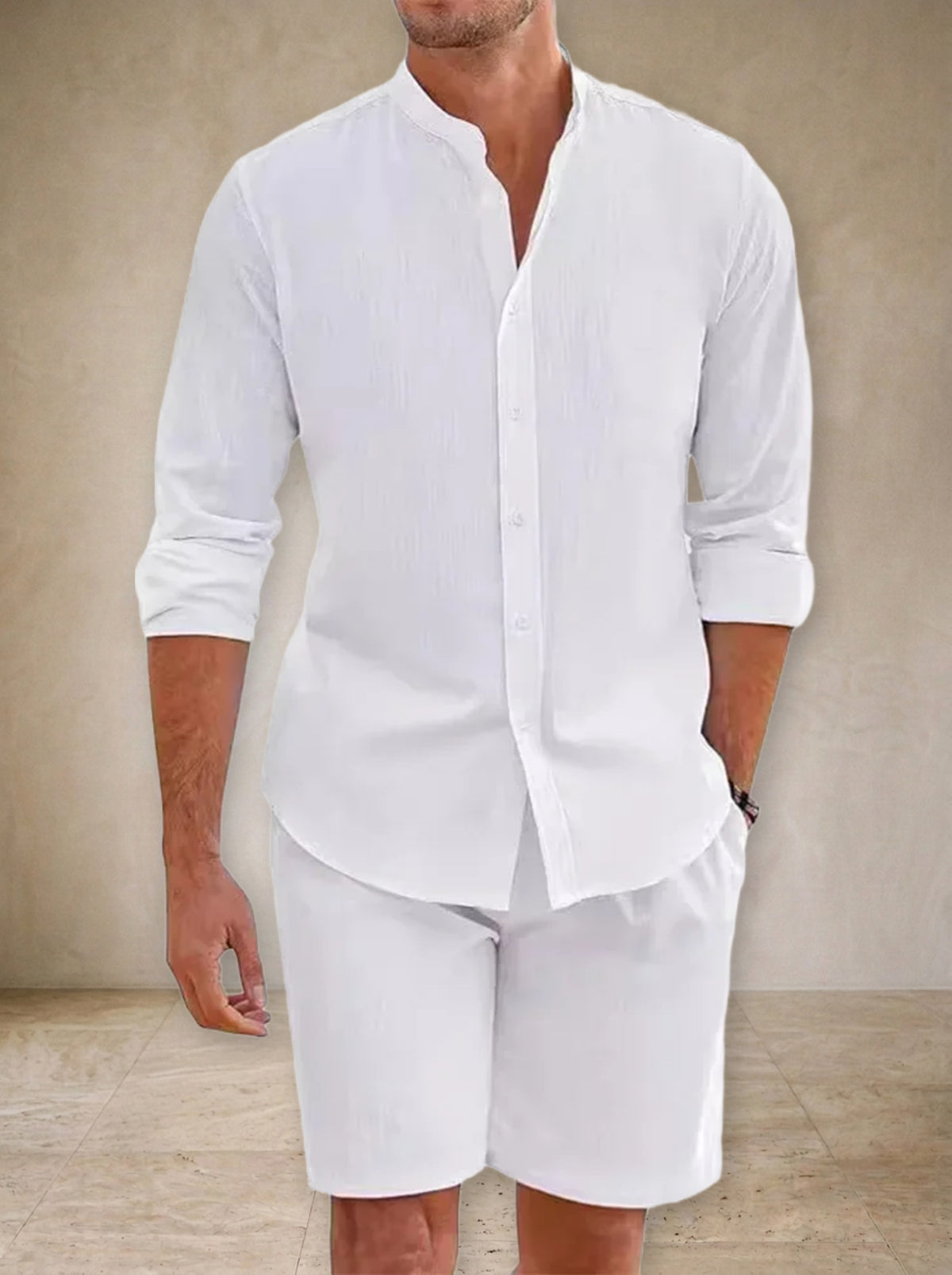 Branco | Conjunto camisa manga longa gola padre e short Bandol branco – foto original do fornecedor
