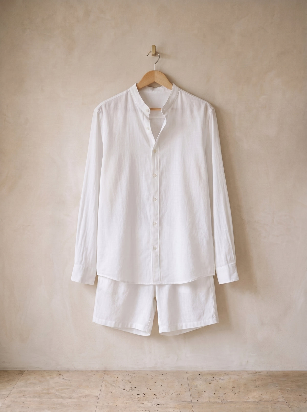 Branco | Conjunto camisa manga longa gola padre e short Bandol branco – peça sozinha, foto de produto