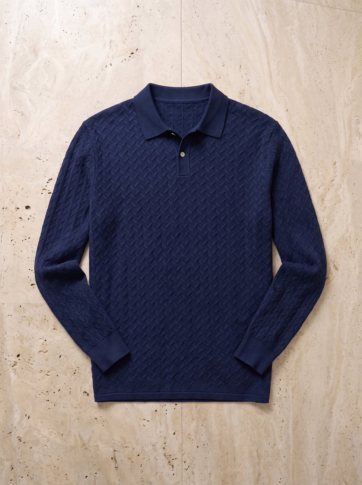 Azul-marinho | Camisa polo texturizada manga longa Beaulieu azul-marinho – peça sozinha vista de cima