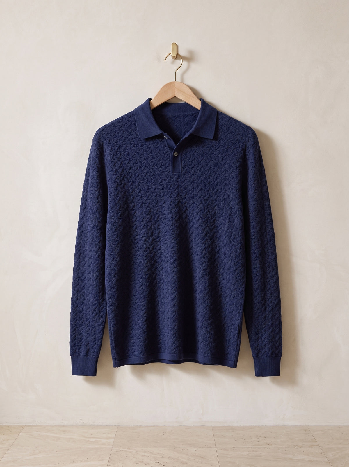 Azul-marinho | Camisa polo texturizada manga longa Beaulieu azul-marinho – peça sozinha, foto de produto
