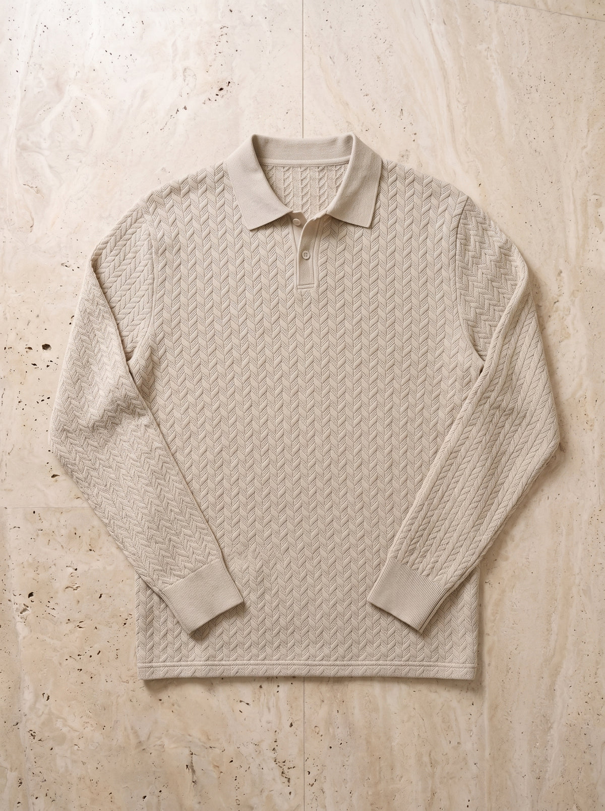 Bege-claro | Camisa polo texturizada manga longa Beaulieu bege-claro – peça sozinha vista de cima