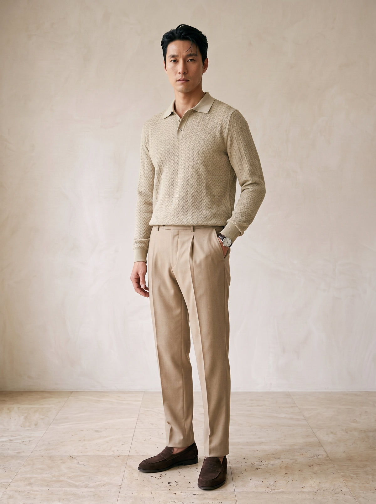 Bege-claro | Camisa polo texturizada manga longa Beaulieu bege-claro – vista três quartos