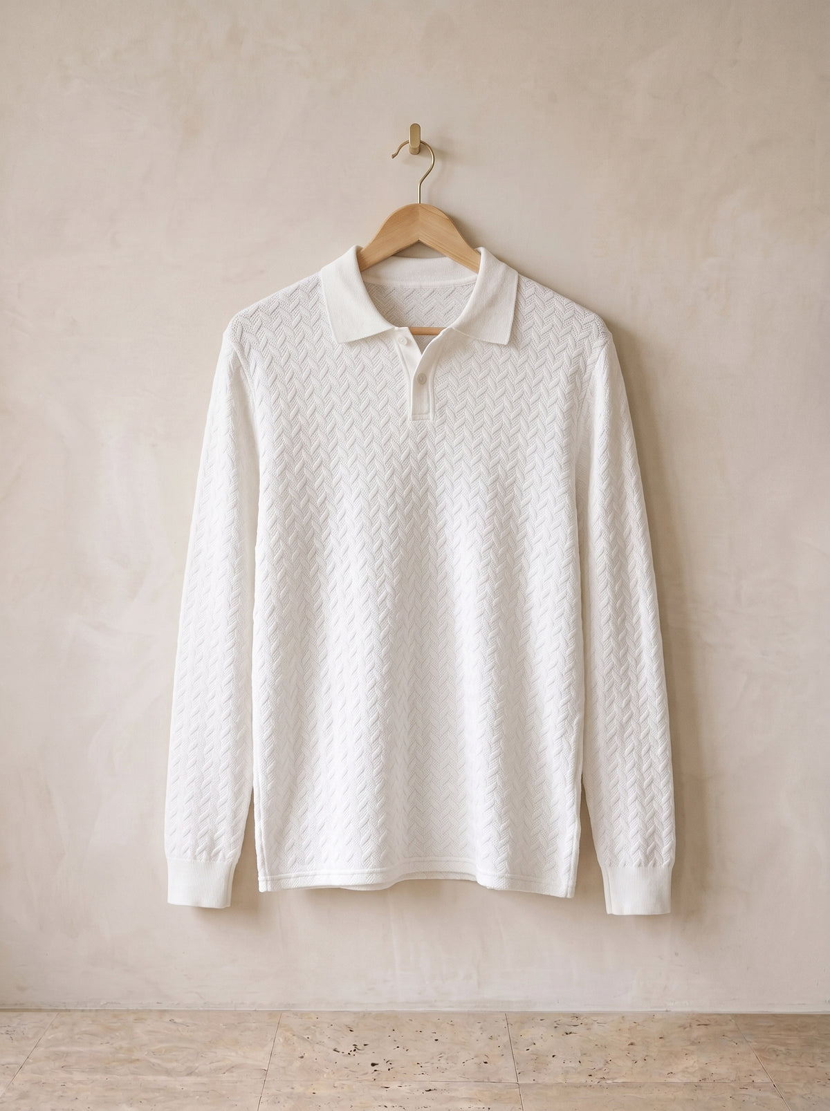 Branco | Camisa polo texturizada manga longa Beaulieu branco – peça sozinha, foto de produto
