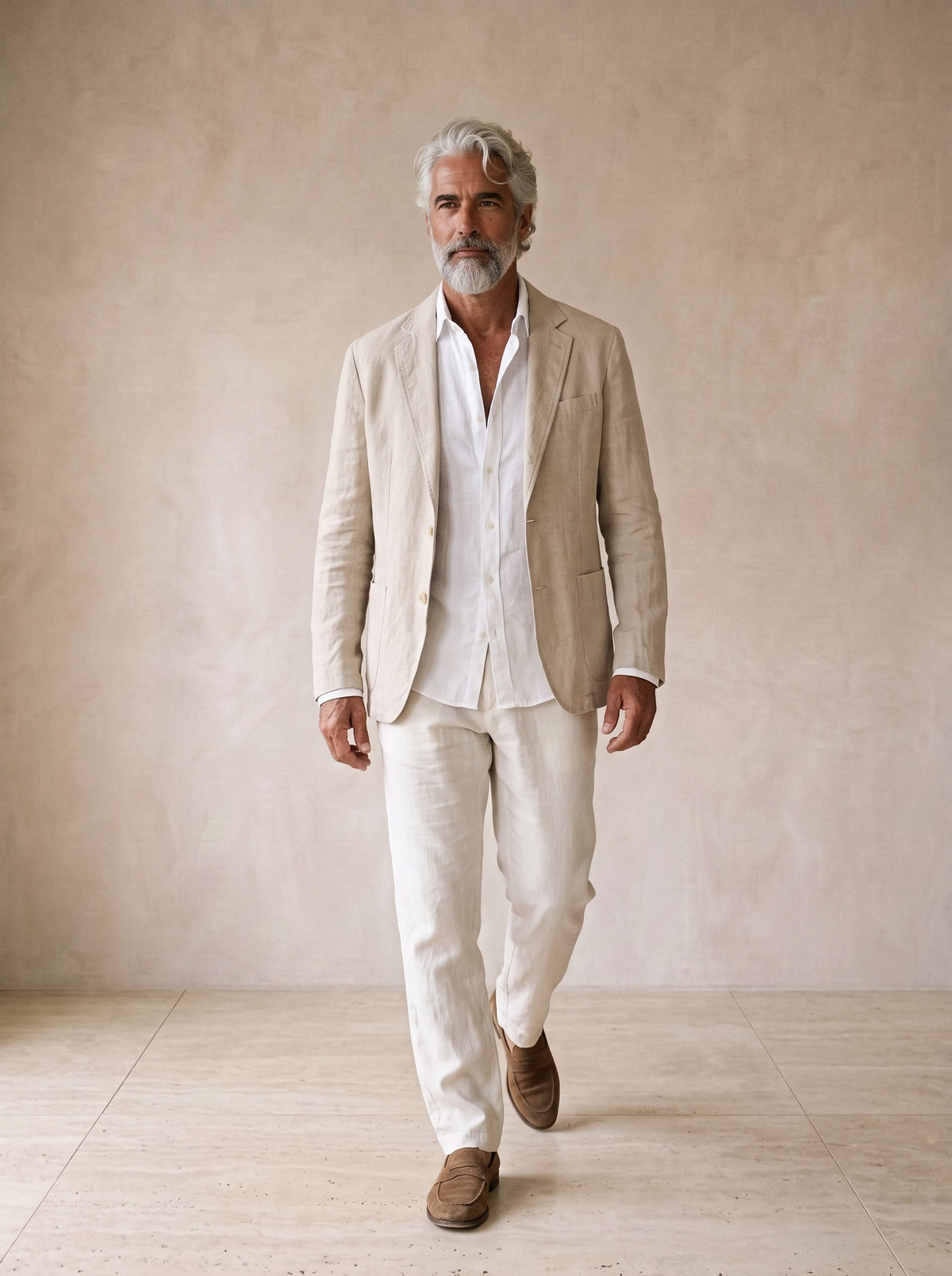 Caqui | Blazer de linho Beaune caqui – corpo inteiro, modelo caminhando