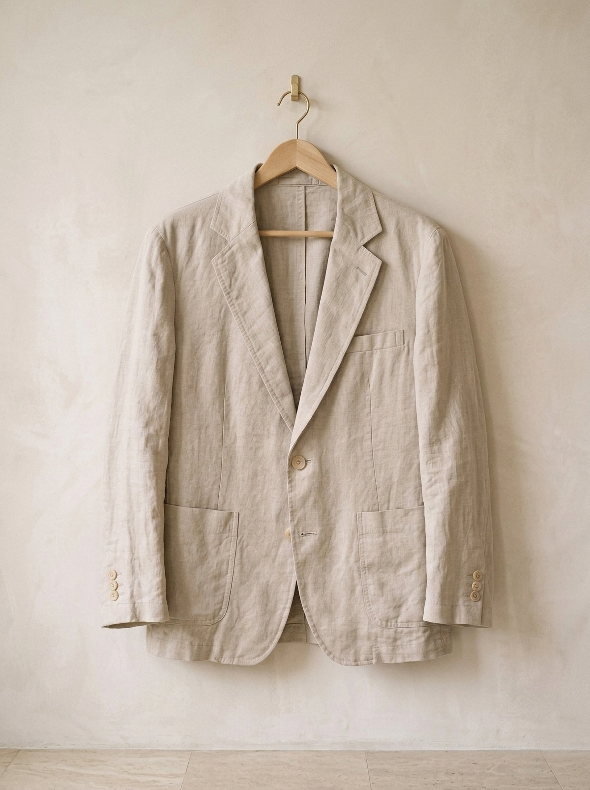 Caqui | Blazer de linho Beaune caqui – peça sozinha, no cabide de madeira
