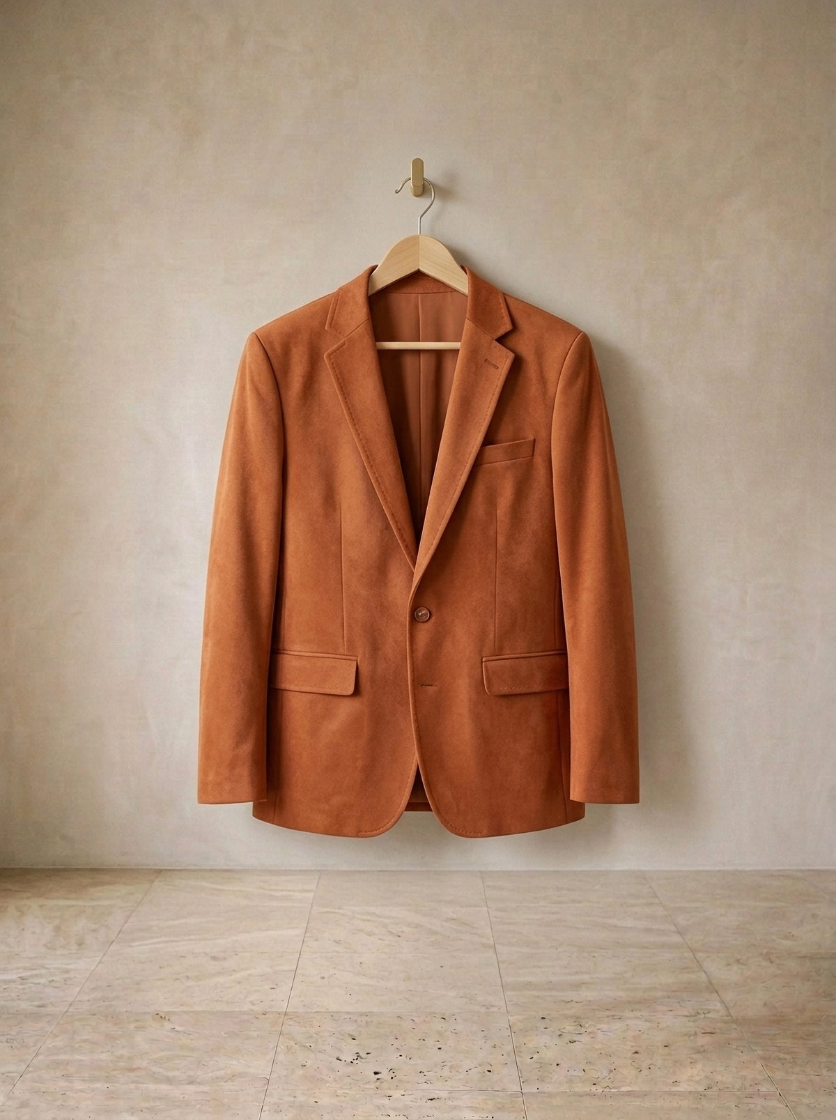 Caramelo | Blazer de camurça Biarritz caramelo – peça sozinha, no cabide de madeira