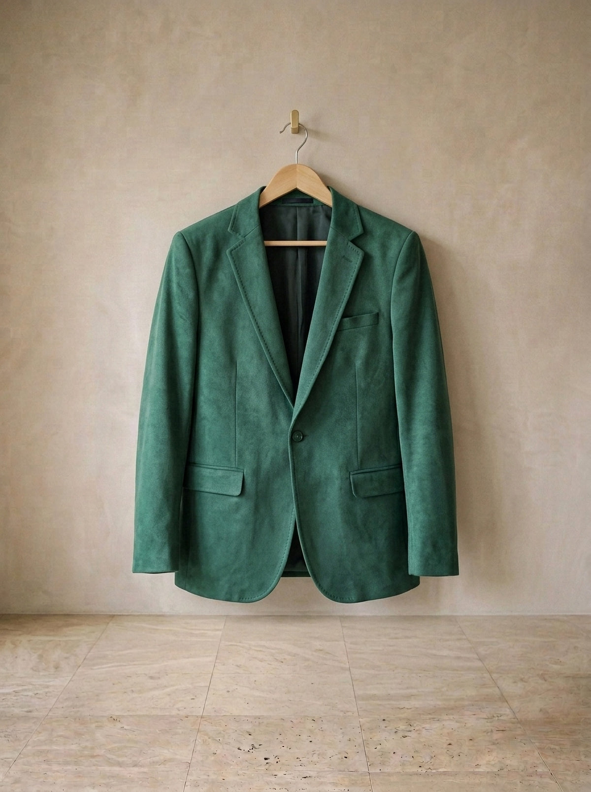 Verde | Blazer de camurça Biarritz verde – peça sozinha, no cabide de madeira