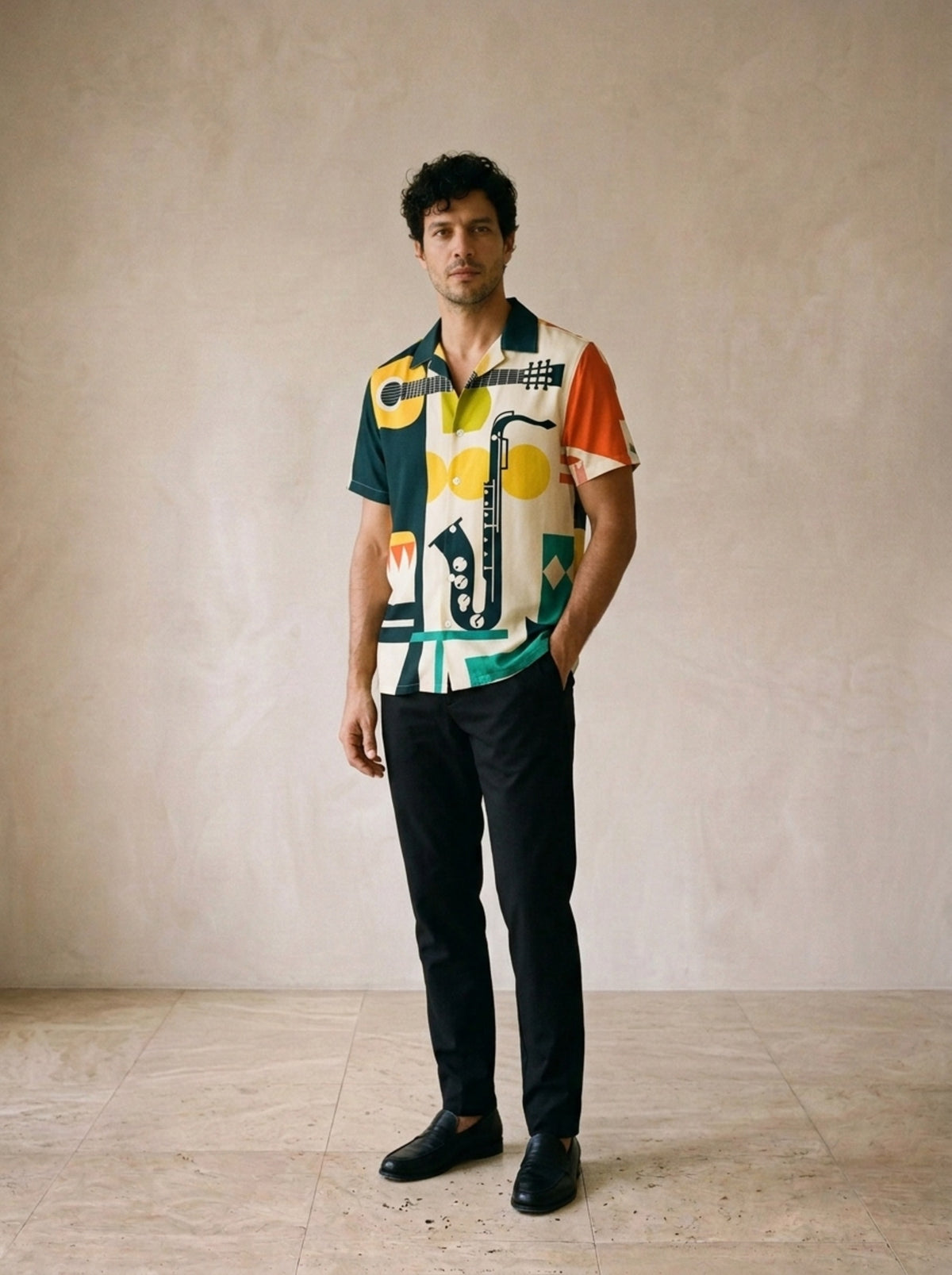 Camisa estampa jazz Birmingham – vista três quartos